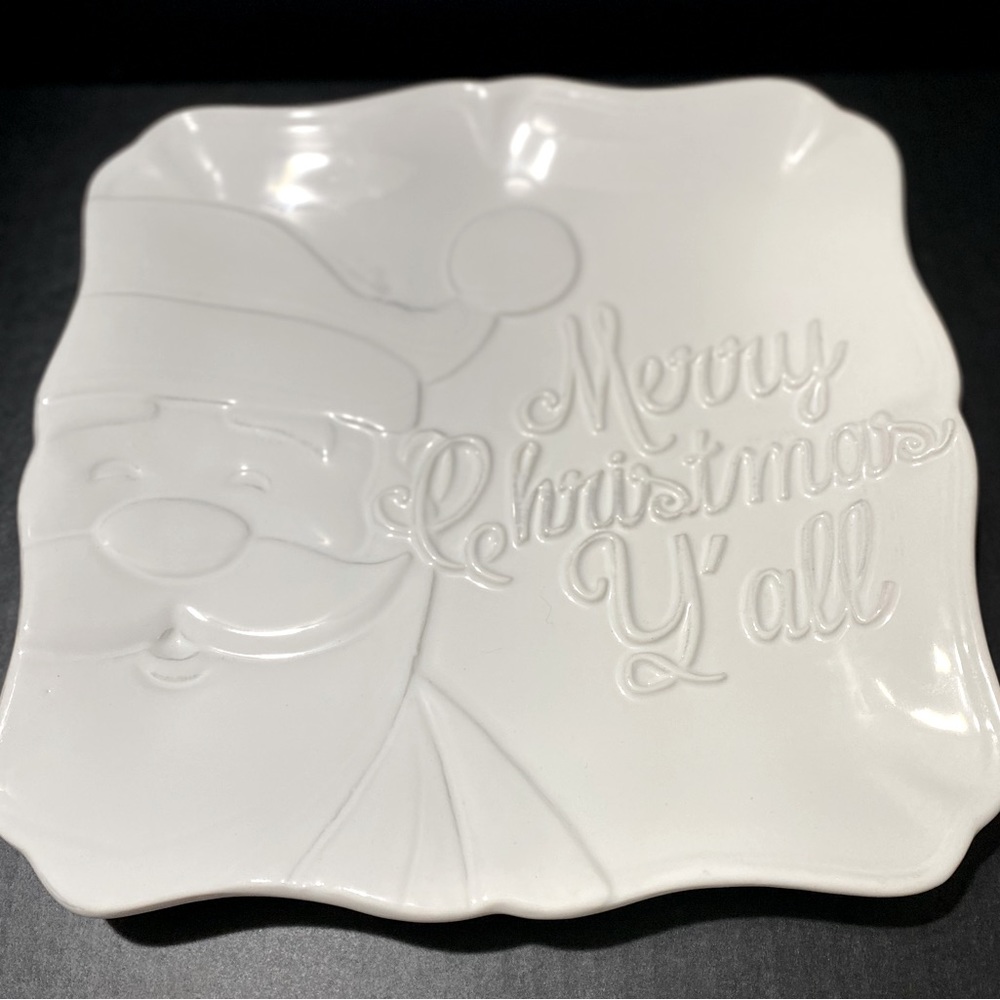 Royal Standard Merry Christmas Y'all White Square Embossed Santa Platter 11.5"